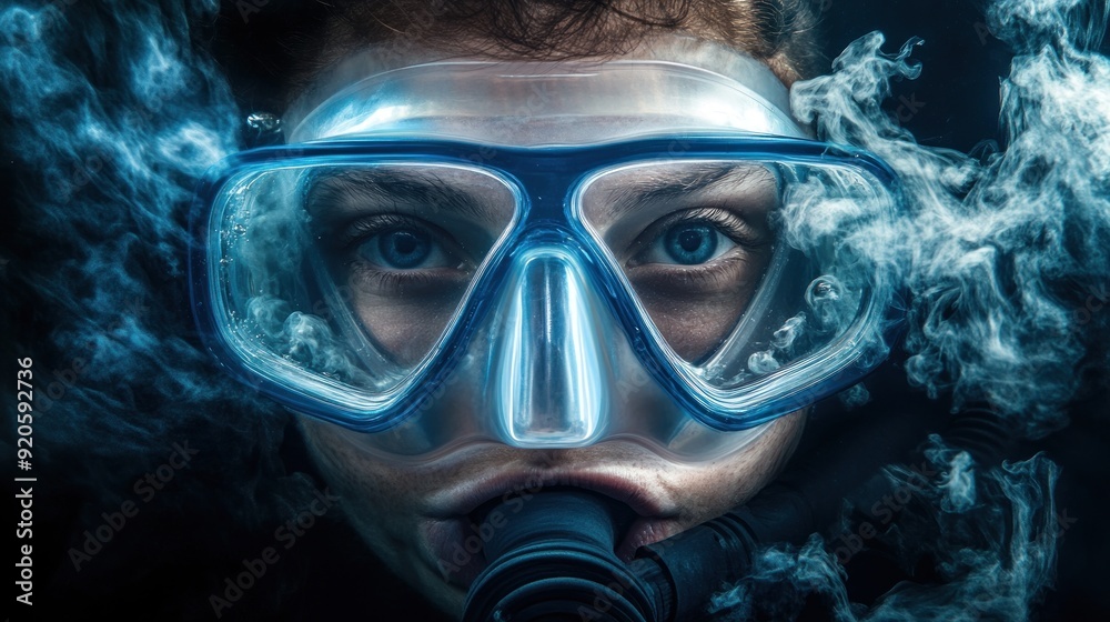 Close-up of a woman's eye looking through a diving mask with smoke in the water.