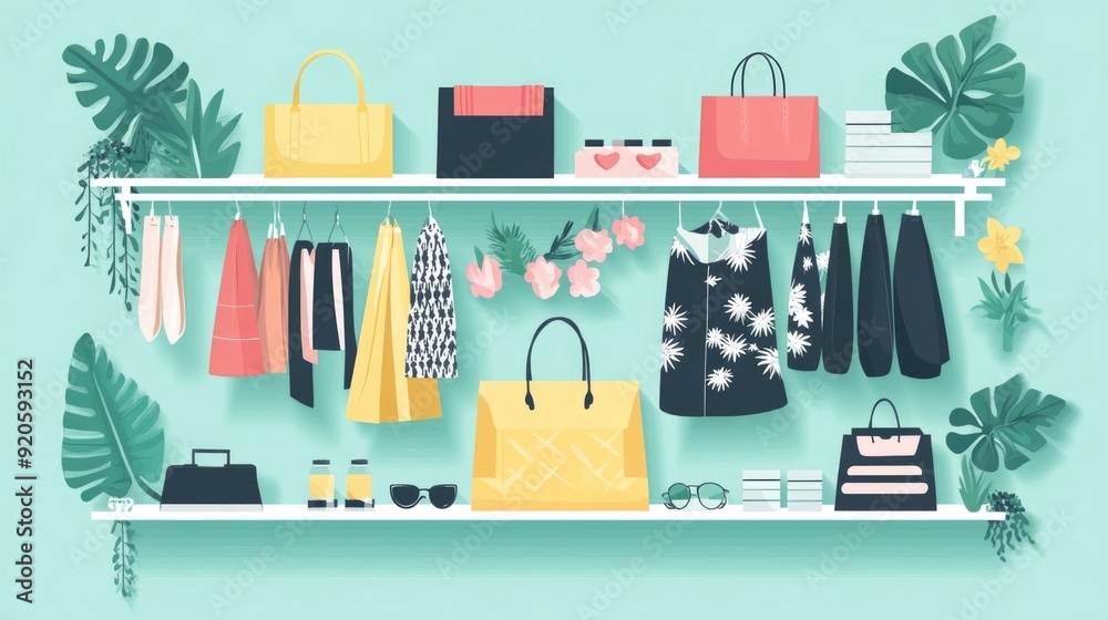 Flat design showcasing fashion retail cross merchandising different product categories and accessories in a modern minimalist display arrangement for a boutique or storefront shopping experience Flat design showcasing fashion retail cross merchandising different product categories and accessories in a modern minimalist display arrangement for a boutique or storefront shopping experience
