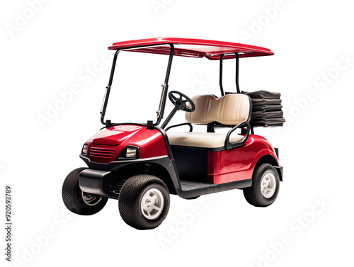 a red golf cart with a white roof