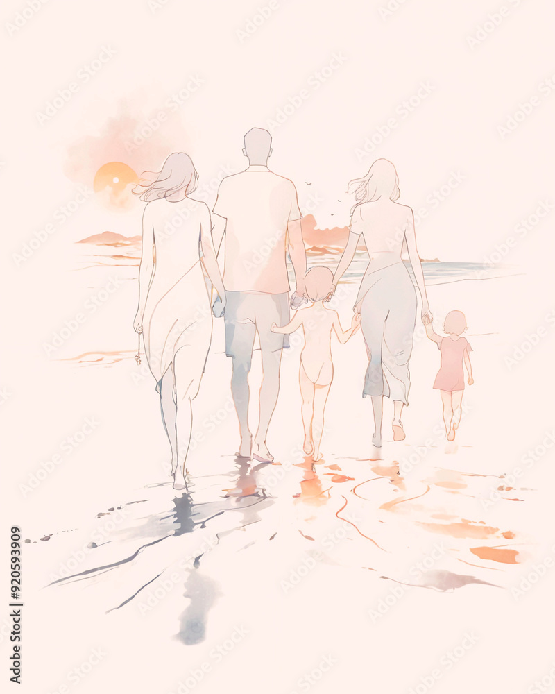 A family walks hand-in-hand along a beach at sunset A family walks hand-in-hand along a beach at sunset