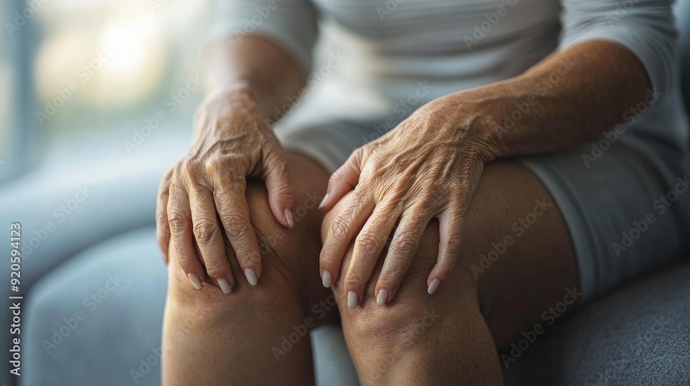 Senior woman experiencing knee pain while sitting on couch Senior woman experiencing knee pain while sitting on couch