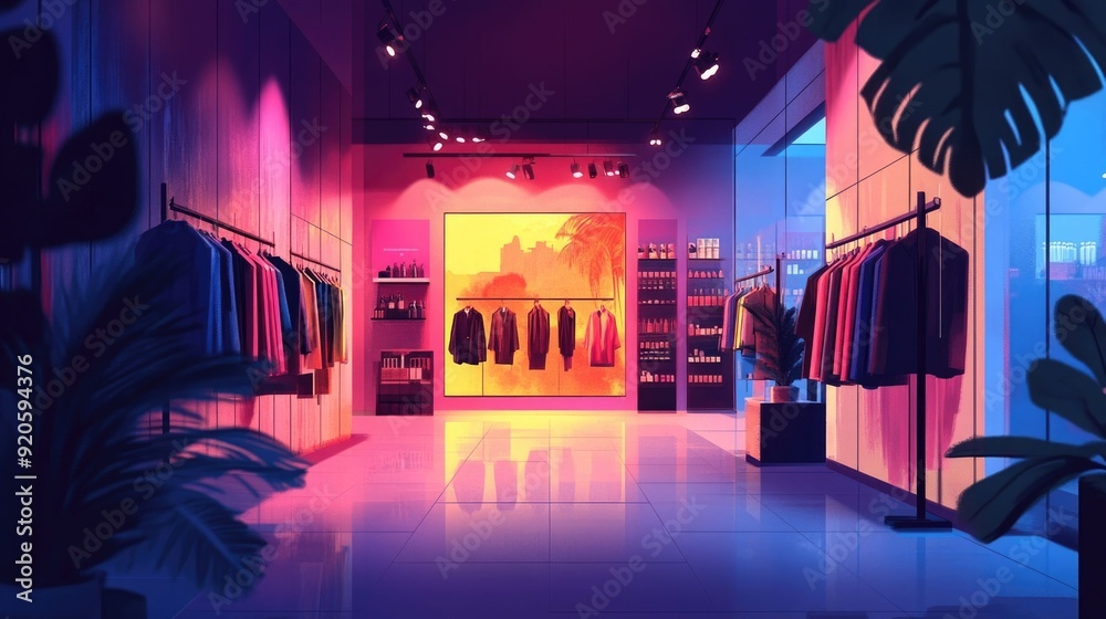 Visually striking flat design showcasing curated fashion retail collections displayed in strategically spotlighted areas of a modern minimalist store interior Visually striking flat design showcasing curated fashion retail collections displayed in strategically spotlighted areas of a modern minimalist store interior