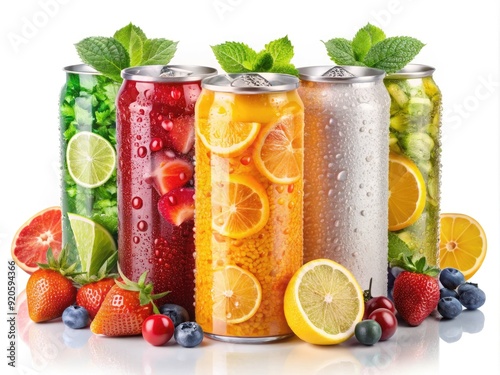 Vibrant assortment of colorful fizzy drinks in sleek cans, adorned with juicy fruit slices and sprigs, against a bright white background, exuding freshness and fun. photo