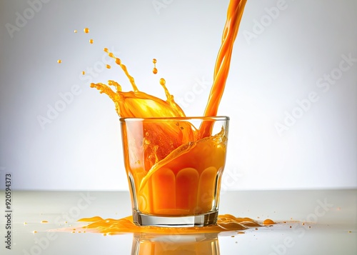 Vibrant orange liquid pours into a glass, creating a warm and inviting visual effect against a clean white background, perfect for food or beverage advertising. photo