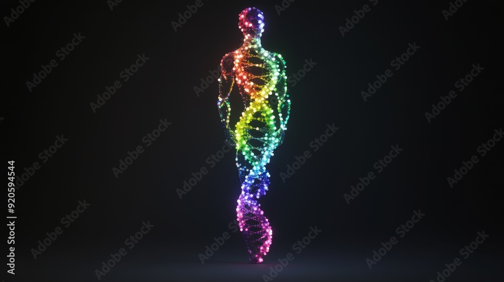 A human figure made of rainbow DNA strands standing tall symbolizing strength and unity A human figure made of rainbow DNA strands standing tall symbolizing strength and unity
