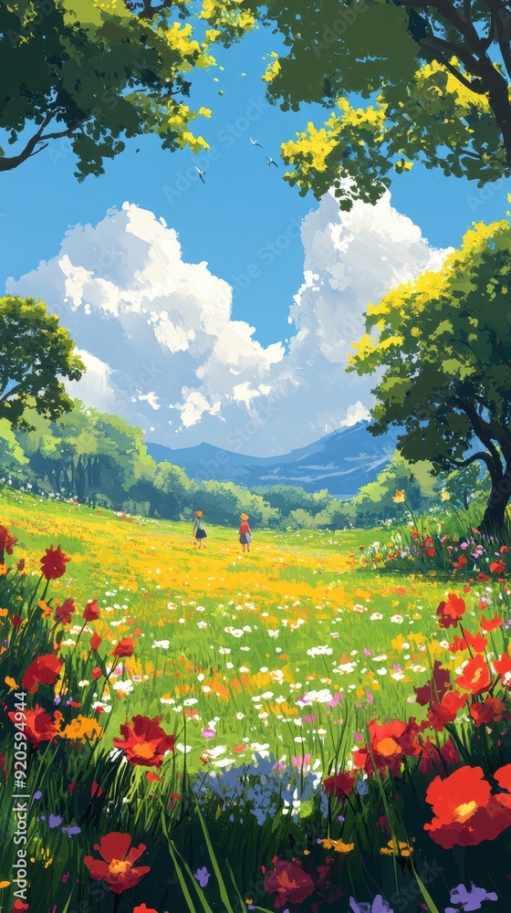 Children Playing in a Colorful Meadow on a Sunny Day with Blue Sky and Fluffy Clouds Children Playing in a Colorful Meadow on a Sunny Day with Blue Sky and Fluffy Clouds