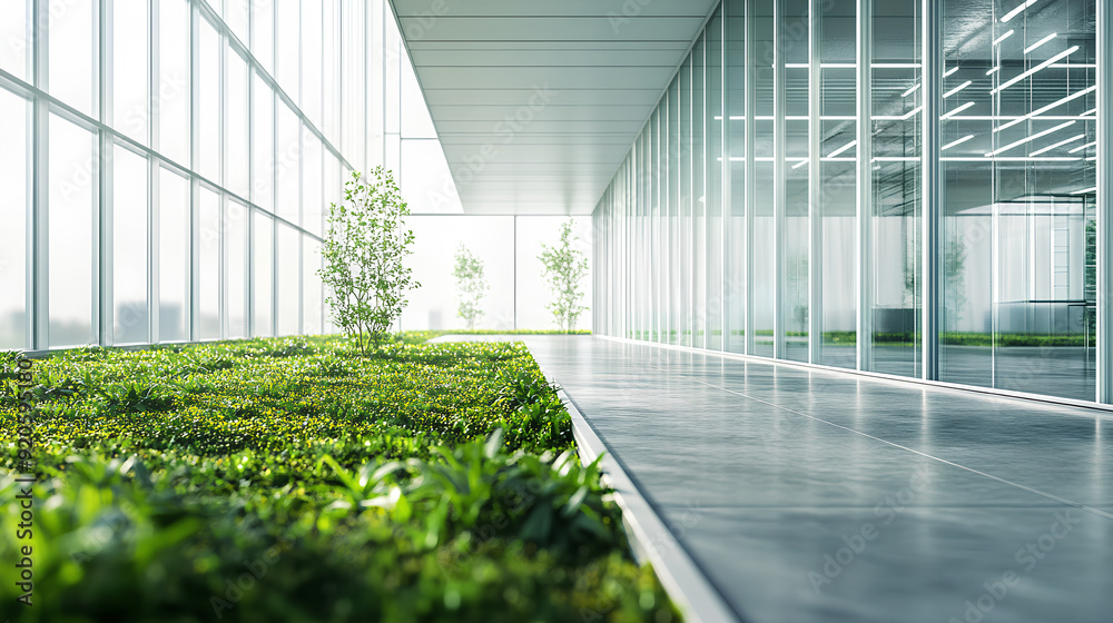 Green office interior with glass walls and concrete floor, Green office interior with glass walls and concrete floor,
