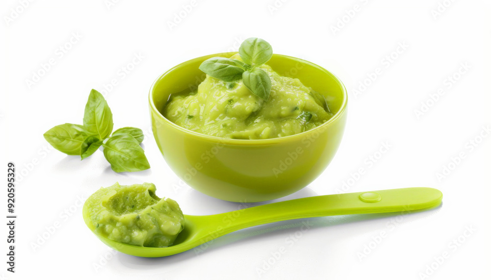 Tasty Baby Food in Bowl and Spoon, Isolated Image