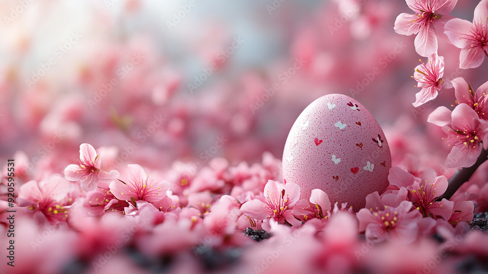 Fototapeta premium The concept of Easter. Pink, blue and pastel colors. Wooden background, silk fabrics, sakura flowers. Easter eggs.