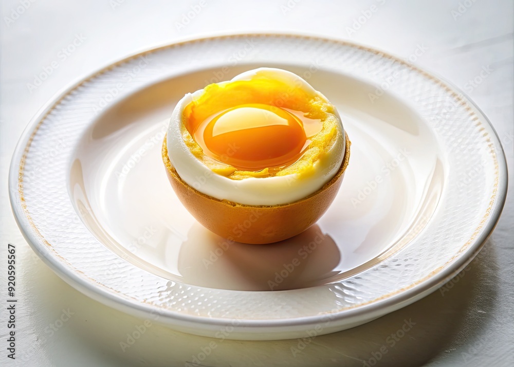 A delicately cracked open soft-boiled egg reveals a warm, golden yolk surrounded by a delicate white halo, resting on a crisp white plate. A delicately cracked open soft-boiled egg reveals a warm, golden yolk surrounded by a delicate white halo, resting on a crisp white plate.