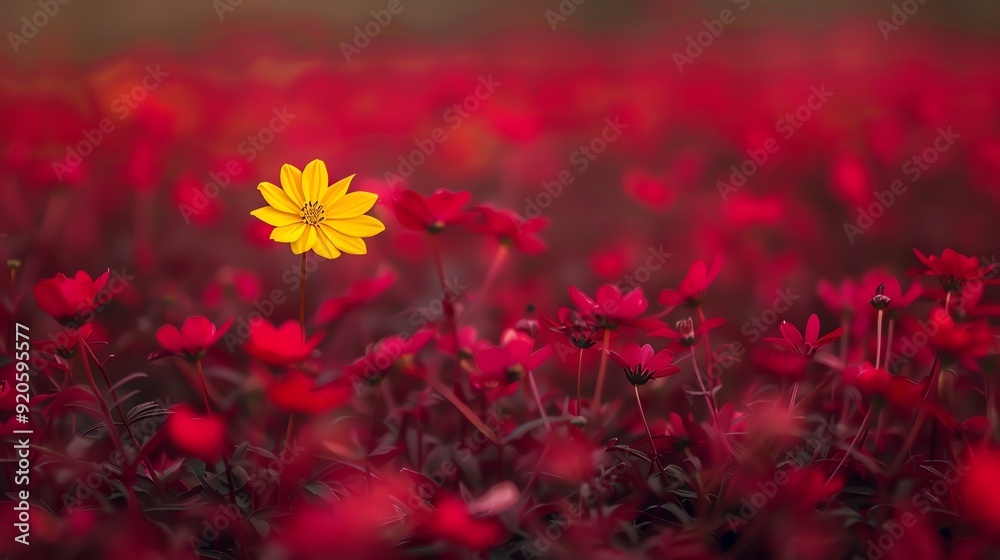 A single yellow flower stands out amongst a field of red flowers. A single yellow flower stands out amongst a field of red flowers.