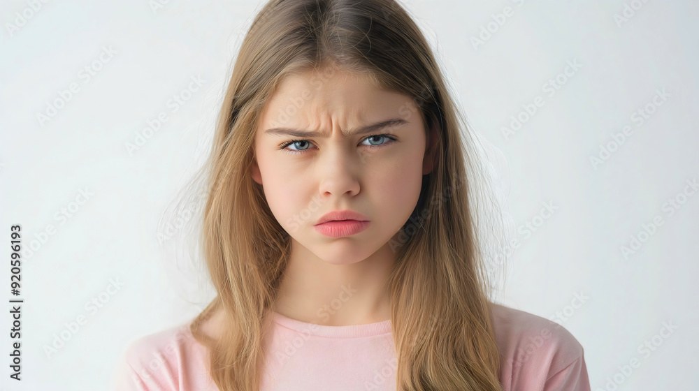 Portrait of young Caucasian teenager girl, annoyed female person with frowning, dissatisfied face expression, displeased grumpy brunette standing isolated on white background, angry and upset teen kid Portrait of young Caucasian teenager girl, annoyed female person with frowning, dissatisfied face expression, displeased grumpy brunette standing isolated on white background, angry and upset teen kid