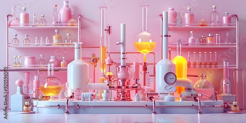 3D Macaron-Colored Laboratory for Kids Education, Playful and Colorful Design with Experiment Tools Including Bottles, Magnifying Glass, Test Tubes, and More, Perfect for Children’s Educational Themes