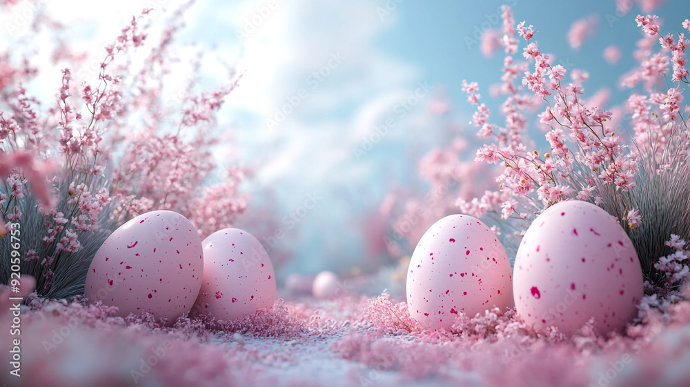 The concept of Easter. Pink, blue and pastel colors. Wooden background, silk fabrics, sakura flowers. Easter eggs. The concept of Easter. Pink, blue and pastel colors. Wooden background, silk fabrics, sakura flowers. Easter eggs.