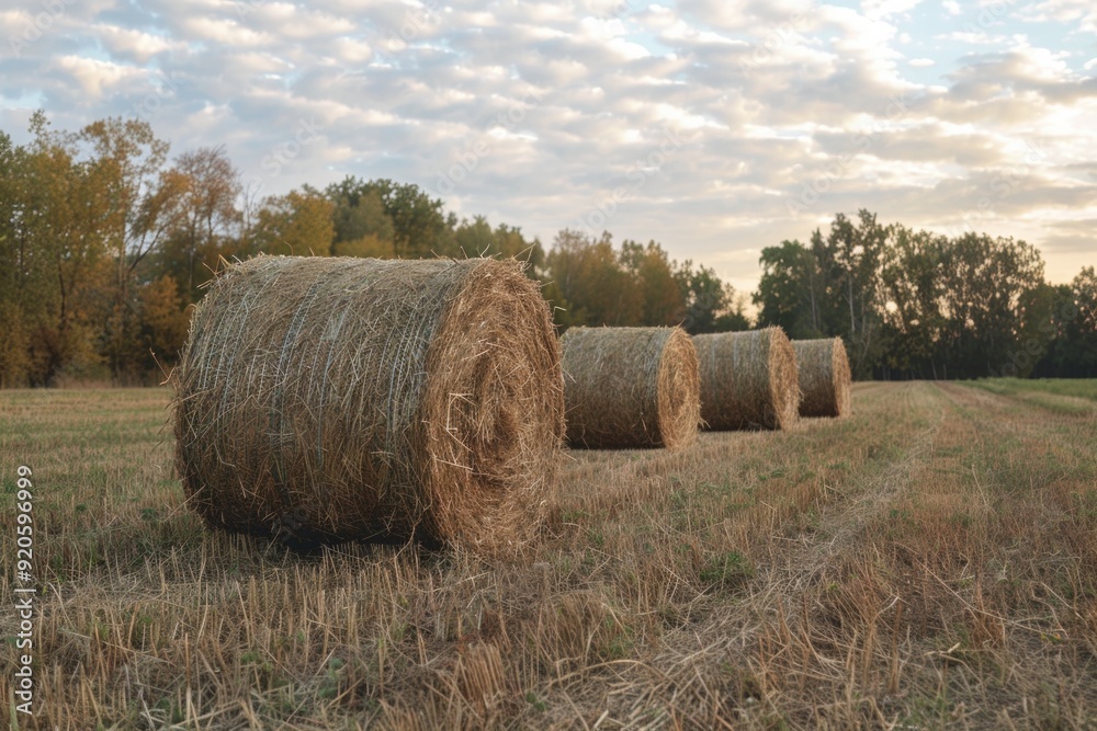 Hay Field. Agricultural Landscape with Sunset, Bales of Hay in Autumn Countryside Hay Field. Agricultural Landscape with Sunset, Bales of Hay in Autumn Countryside