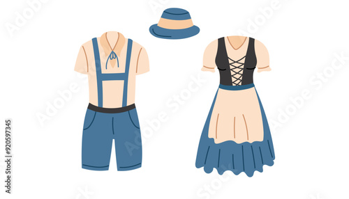 Traditional Oktoberfest folk costumes for men and women. Dirndl and lederhosen. Beer festival concept.