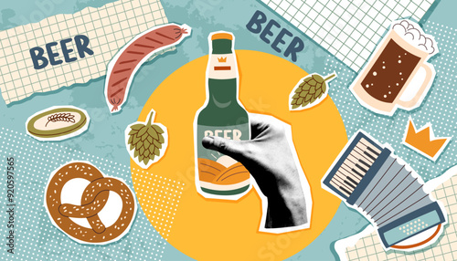 Beer festival collage in pop art style. Oktoberfest concept. Trendy vector illustration.