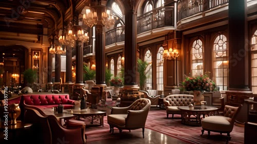 Luxury interior of the Royal Palace in New York City, Interior of a hotel lobby, Opulent hotel lobby interior photo