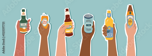 Set of beer bottles in human hands different skin tones stickers. Oktoberfest concept. Beer festival concept. Drinks concept.