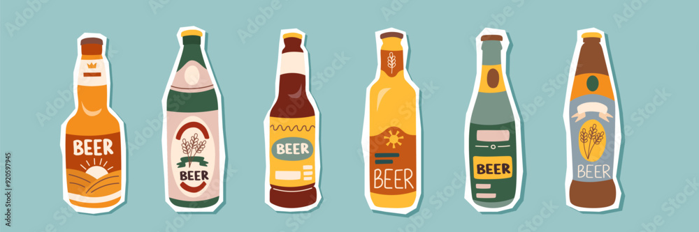 Set of beer bottles stickers isolated on blue background. Oktoberfest concept. Beer festival concept. Drinks concept. Set of beer bottles stickers isolated on blue background. Oktoberfest concept. Beer festival concept. Drinks concept.