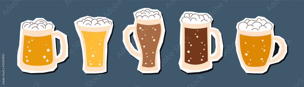 Set of beer mugs stickers isolated on blue background. Oktoberfest concept. Beer festival concept. Drinks concept. Set of beer mugs stickers isolated on blue background. Oktoberfest concept. Beer festival concept. Drinks concept.