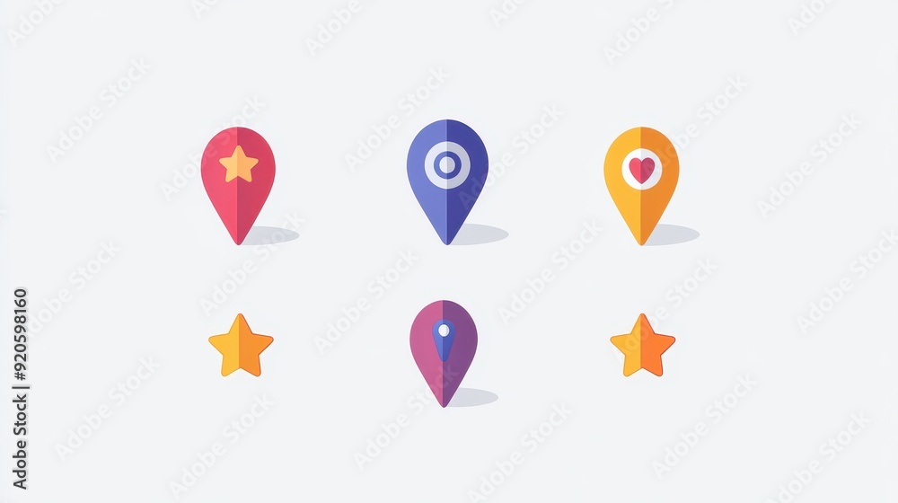Colorful Location Map Pins and Stars Icons on White Background Colorful Location Map Pins and Stars Icons on White Background