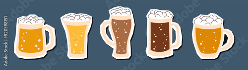 Set of beer mugs stickers isolated on blue background. Oktoberfest concept. Beer festival concept. Drinks concept.
