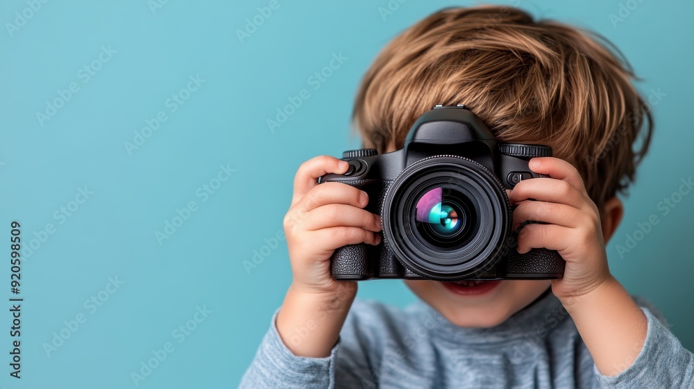 A young child happily holding a camera, ready to capture moments with a playful smile, set against a vibrant blue background. A young child happily holding a camera, ready to capture moments with a playful smile, set against a vibrant blue background.