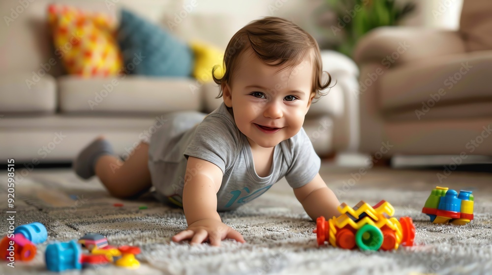 A baby crawls on the floor with toys scattered around.