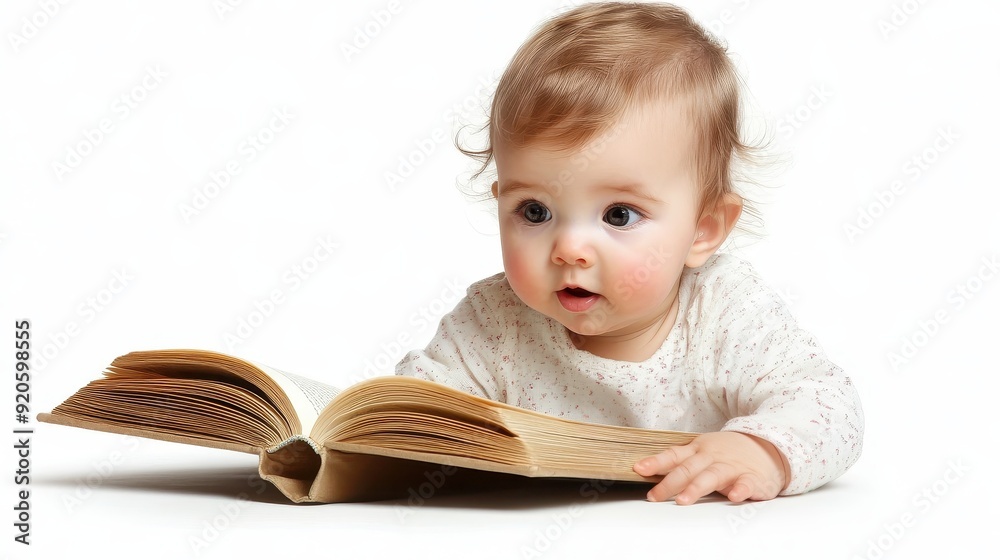 Adorable baby explores a book with curiosity, showcasing the joy of learning and early childhood development. Adorable baby explores a book with curiosity, showcasing the joy of learning and early childhood development.
