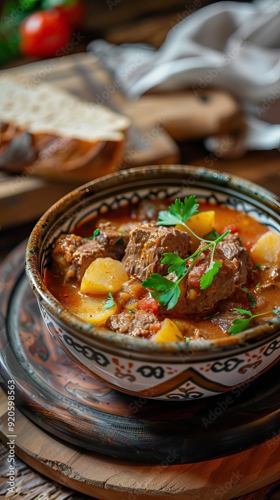 A rich and creamy Hungarian goulash with tender beef, paprika, and potatoes. AI generated illustration A rich and creamy Hungarian goulash with tender beef, paprika, and potatoes. AI generated illustration