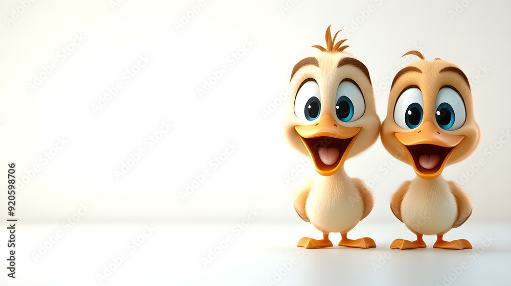 Two cute cartoon ducklings with big eyes and smiles, looking to the left, against a white background. Template for quotes, and greetings cards. Two cute cartoon ducklings with big eyes and smiles, looking to the left, against a white background. Template for quotes, and greetings cards.