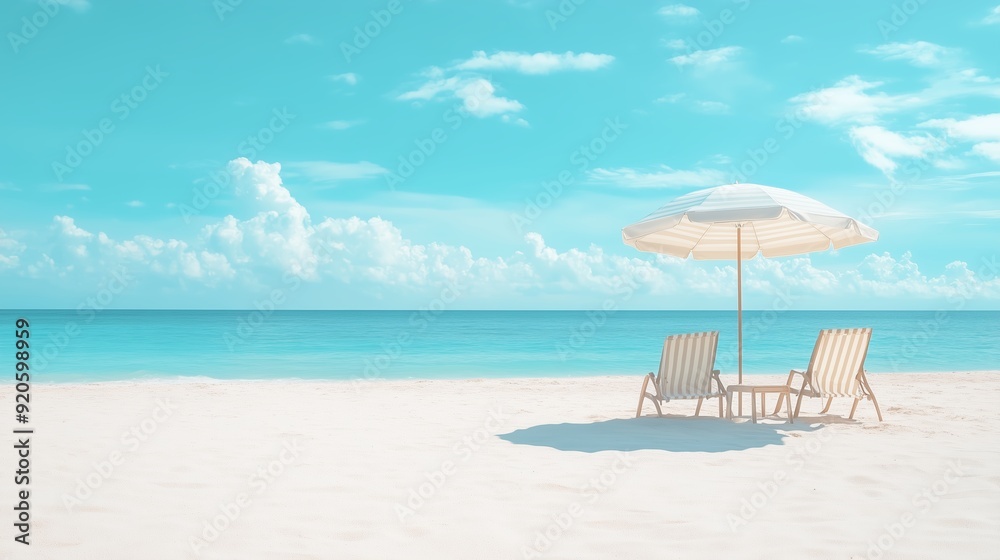 Fototapeta premium Tranquil beach setting with sun chairs and an umbrella under a clear sky