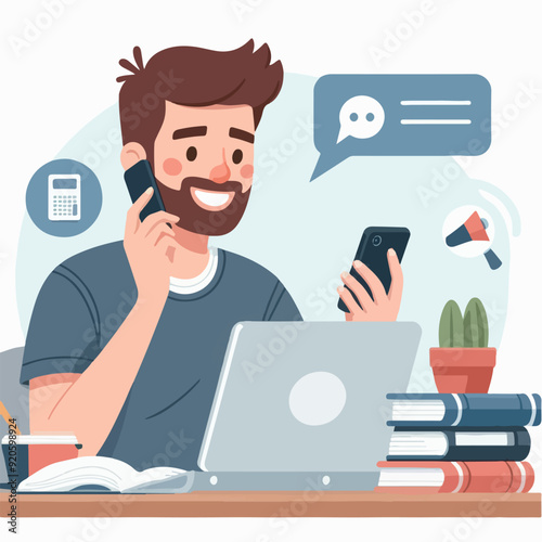 Young man working on computer. Business people sitting at office desk. Flat design vector 
