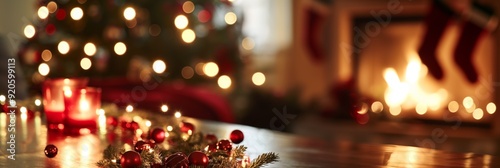 A festive holiday scene featuring a candle, Christmas tree, and string lights, capturing the warmth and joy of the holiday season.