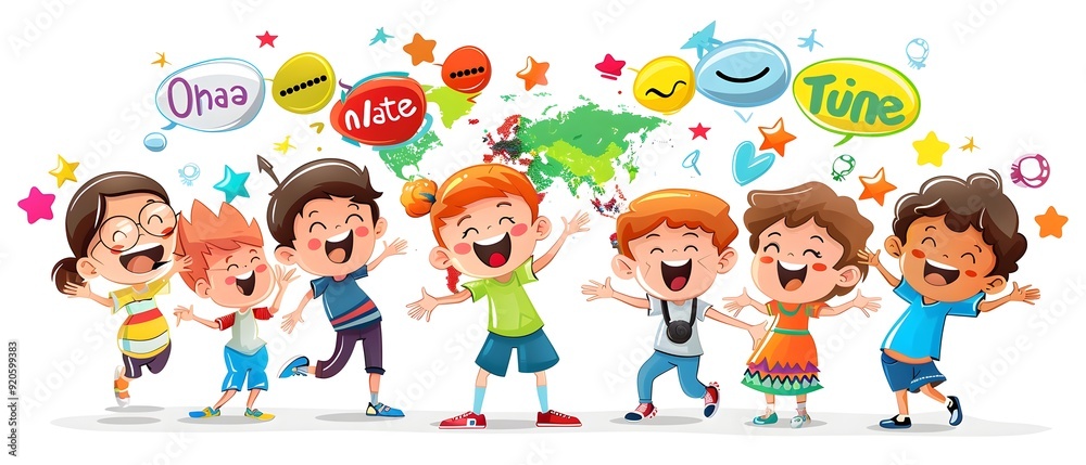 Happy Children Celebrating Diversity with World Map and Speech Bubbles. Happy Children Celebrating Diversity with World Map and Speech Bubbles.