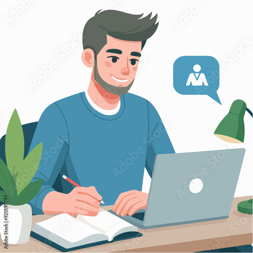 Young man working on computer. Business people sitting at office desk. Flat design vector 