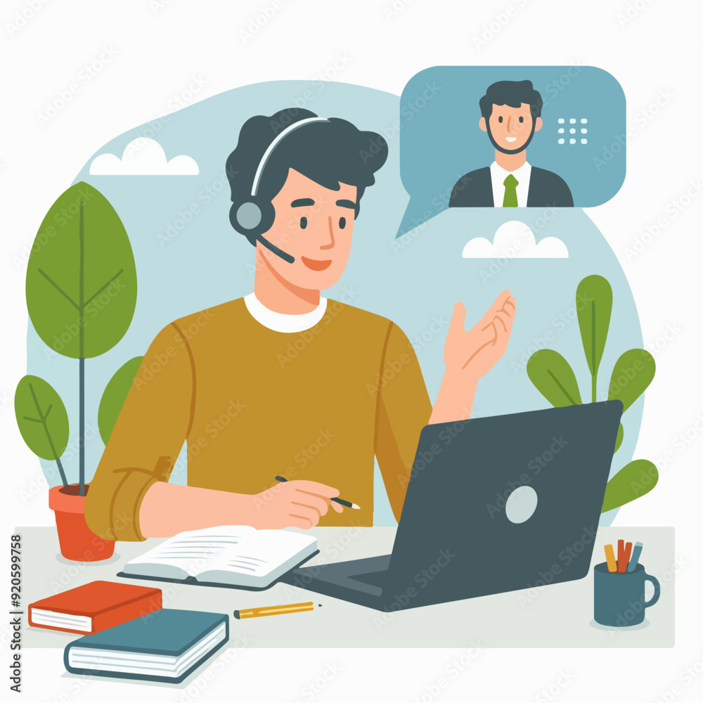 Young man working on computer. Business people sitting at office desk. Flat design vector Young man working on computer. Business people sitting at office desk. Flat design vector