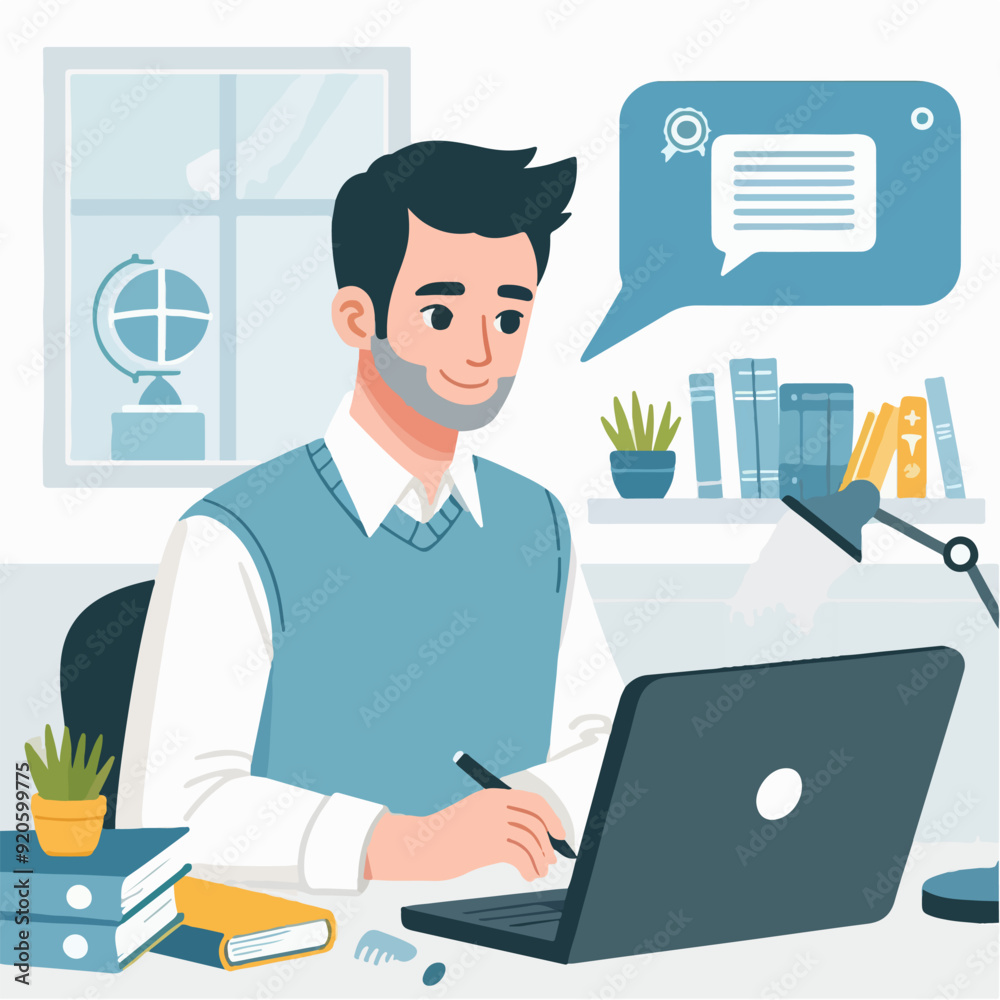 Young man working on computer. Business people sitting at office desk. Flat design vector Young man working on computer. Business people sitting at office desk. Flat design vector