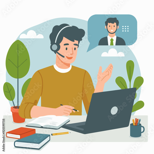 Young man working on computer. Business people sitting at office desk. Flat design vector 