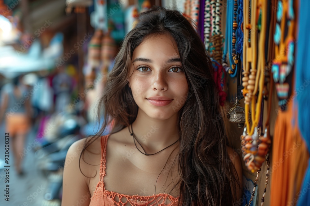 Portrait of a smiling young woman with long brown hair standing in front of a colorful wall of necklaces. Portrait of a smiling young woman with long brown hair standing in front of a colorful wall of necklaces.