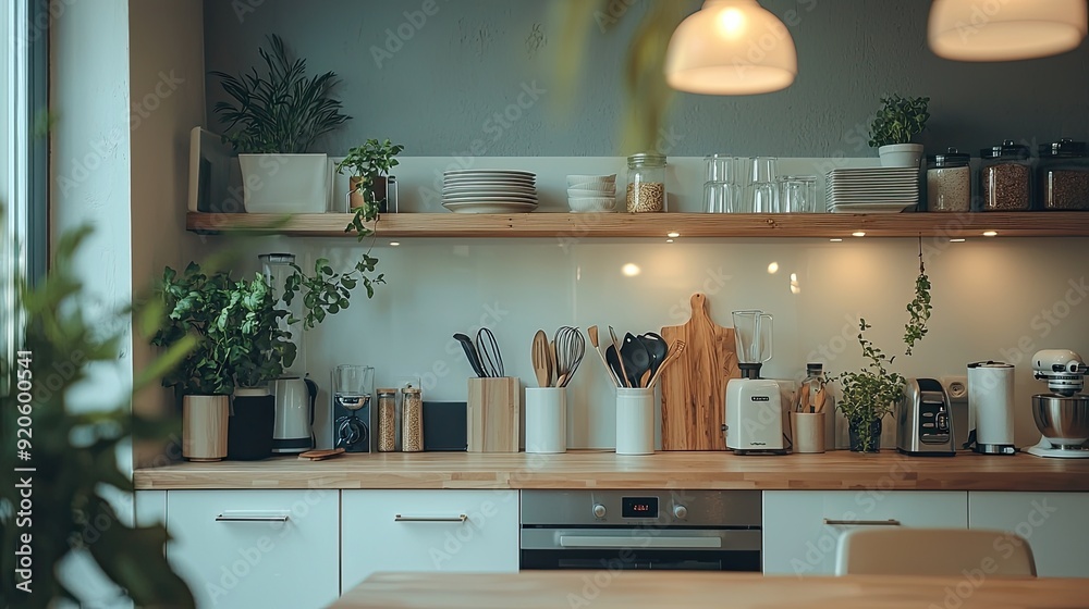 Kitchen interior with wooden utensils on countertop in modern kitchen Kitchen interior with wooden utensils on countertop in modern kitchen