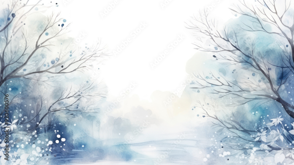 Winter Frame Background With Empty Space. Watercolor painting of a serene natural scene. Blank space. Soft palette color, calm and tranquil atmosphere.