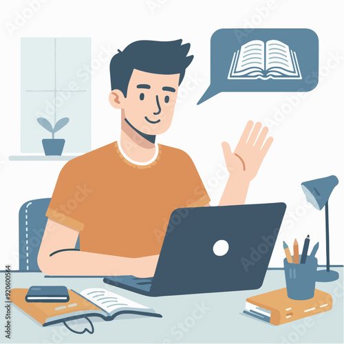 Young man working on computer. Business people sitting at office desk. Flat design vector 