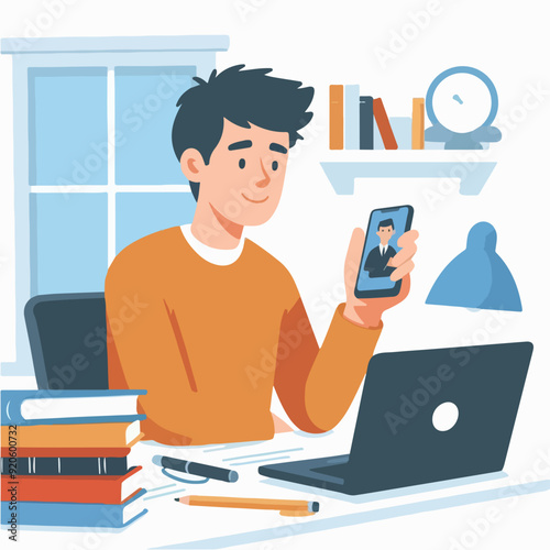 Young man working on computer. Business people sitting at office desk. Flat design vector 