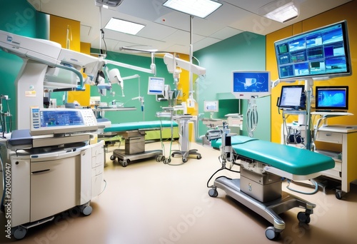 vibrant healthcare visuals featuring dynamic medical tools equipment colorful setting, imagery, technology, devices, design, graphics, colors, symbols, clinic