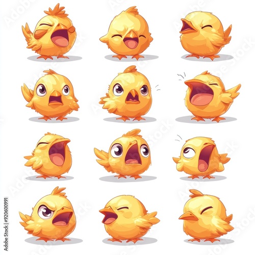 Set of nine cartoon chicks with different expressions.