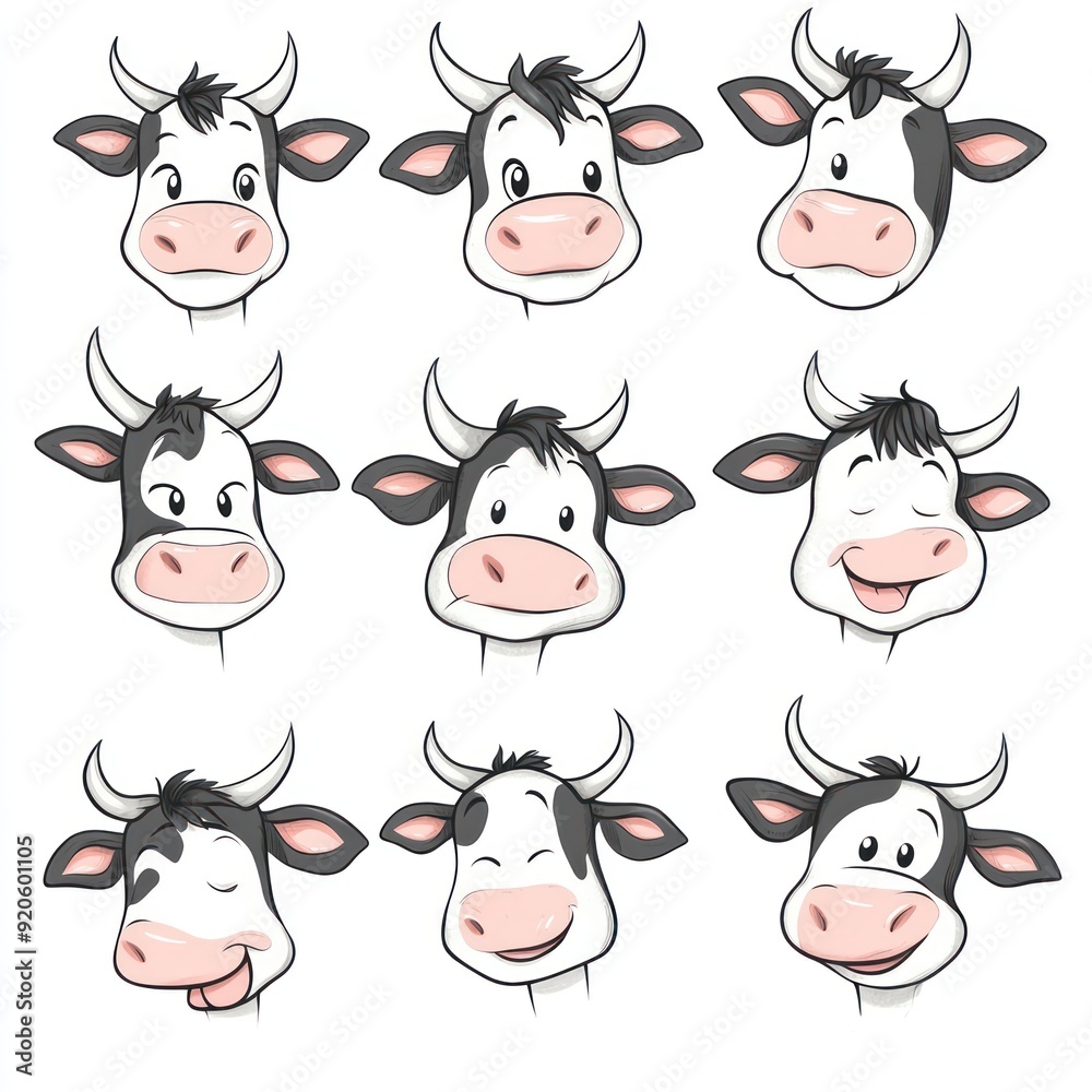 Nine black and white cow faces with different expressions, isolated on white background. Nine black and white cow faces with different expressions, isolated on white background.