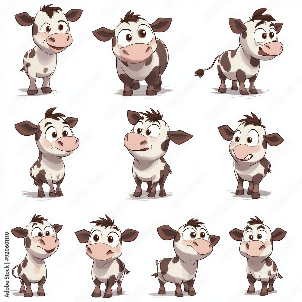 Nine cartoon calves with different expressions and poses, isolated on white background. Nine cartoon calves with different expressions and poses, isolated on white background.