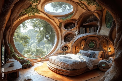 Cozy Treehouse Bedroom with Large Circular Windows and Natural Wood Design